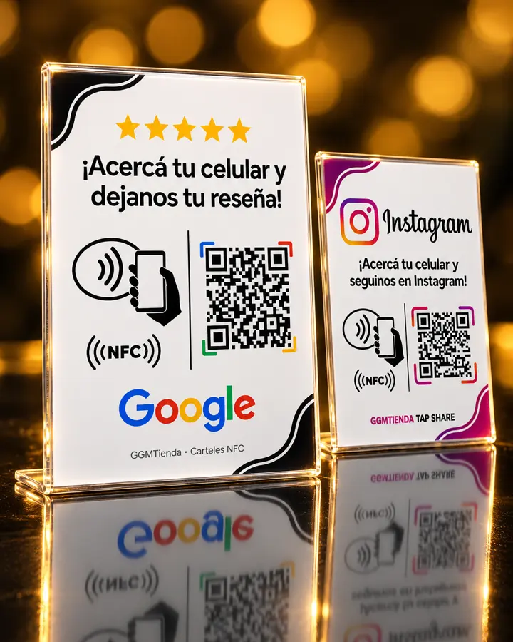 Carteles NFC de acrílico de GGMTienda: uno de reseñas de Google y otro de Instagram